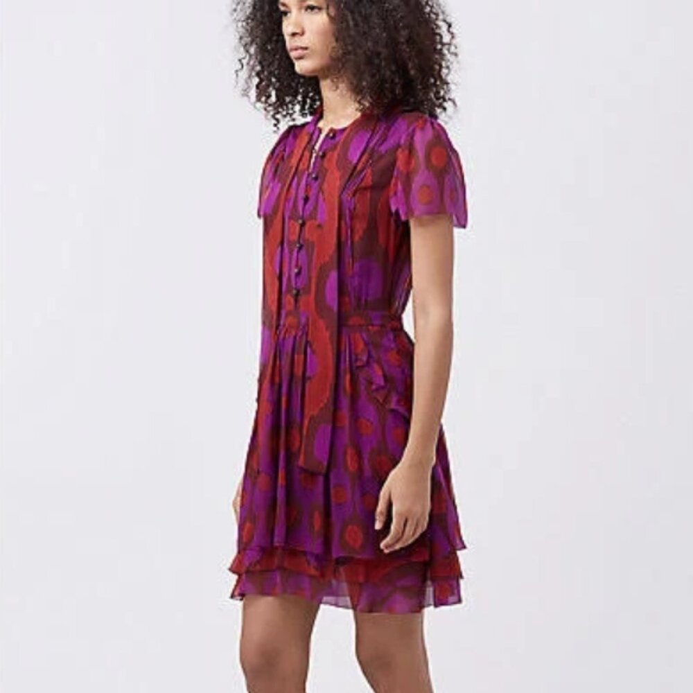 NWOT Diane von Furstenberg Marisa Silk Tie-Neck Parry Amethyst Mini DressXS $448